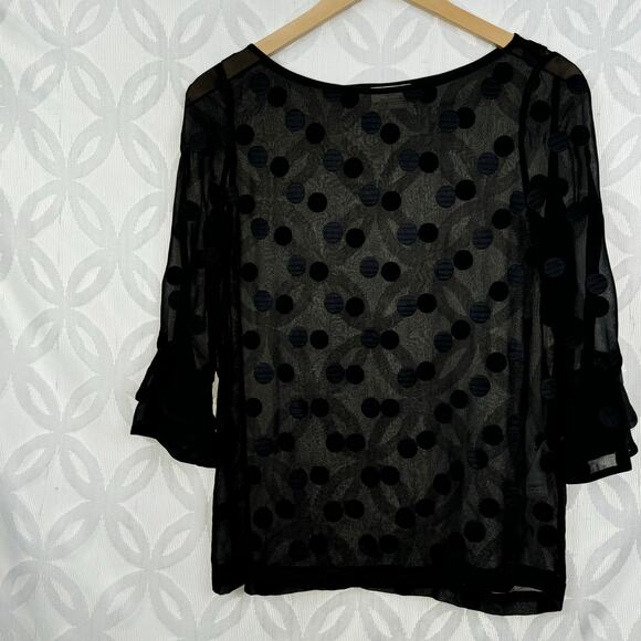 Kate Spade Silk Sheer Polka Dot Evi Flutter Sleeve Black Top Size 00 - Picture 5 of 12